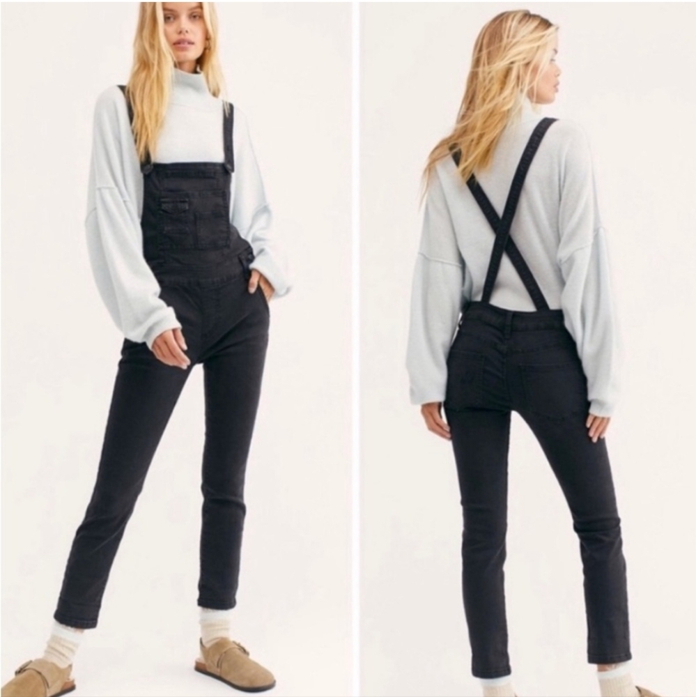 Free People Eclipse Denim Bib Overalls In Black Size 28